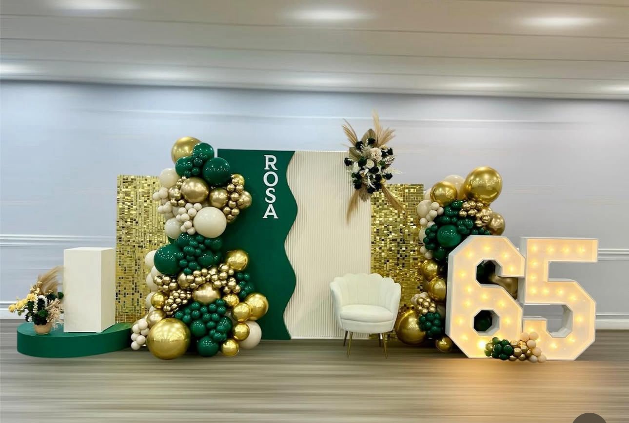 Elegant  Birthday Party Backdrop – Green, Gold & White Balloon Display