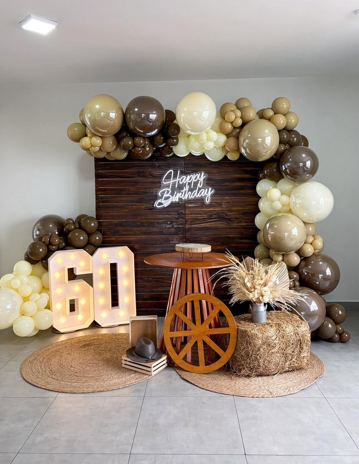 Rustic 60th Birthday Party Backdrop – Brown & Beige Balloon Display with Western Decor