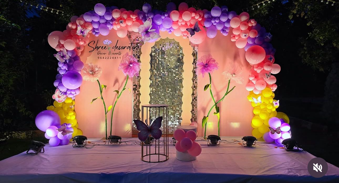 Butterfly Theme Balloon Decoration Backdrop with Floral & Sequin Wall