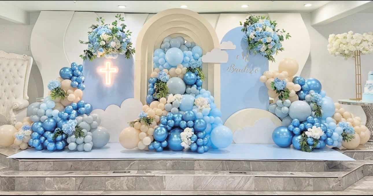 Blue & White Balloon Backdrop with Floral Decor – Baptism / Christening Stage Setup