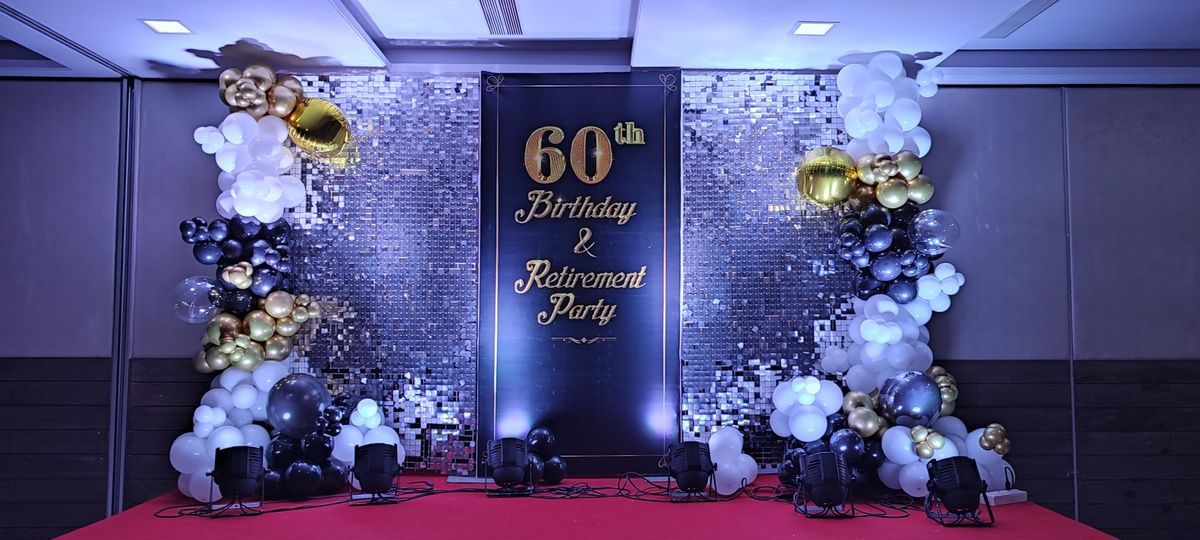60th Birthday and Retirement Party Decoration in Hyderabad | Elegant Silver and Gold Backdrop Setup