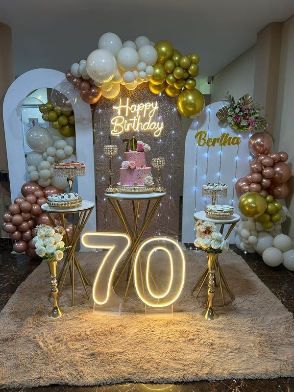 70th Birthday Decoration in Hyderabad | Elegant White and Gold Balloon Setup