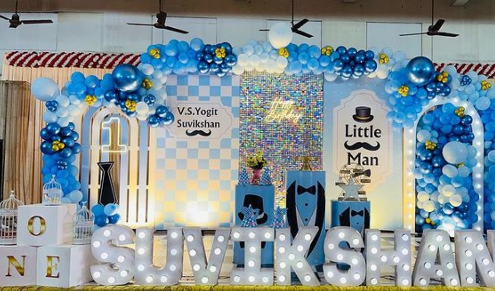 Little Man First Birthday Decoration in Hyderabad | Premium Blue Balloon Backdrop