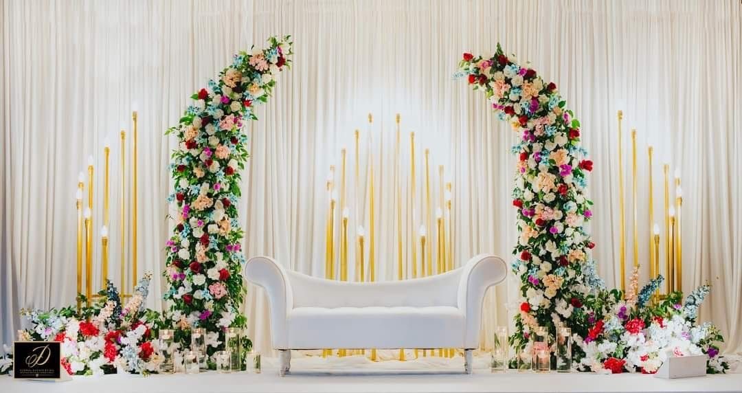 Yellow Draped Floral Engagement Stage