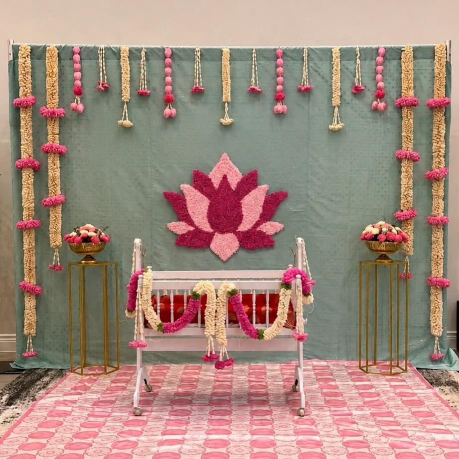 Green and Pink Lotus Cradle Ceremony Stage Decoration