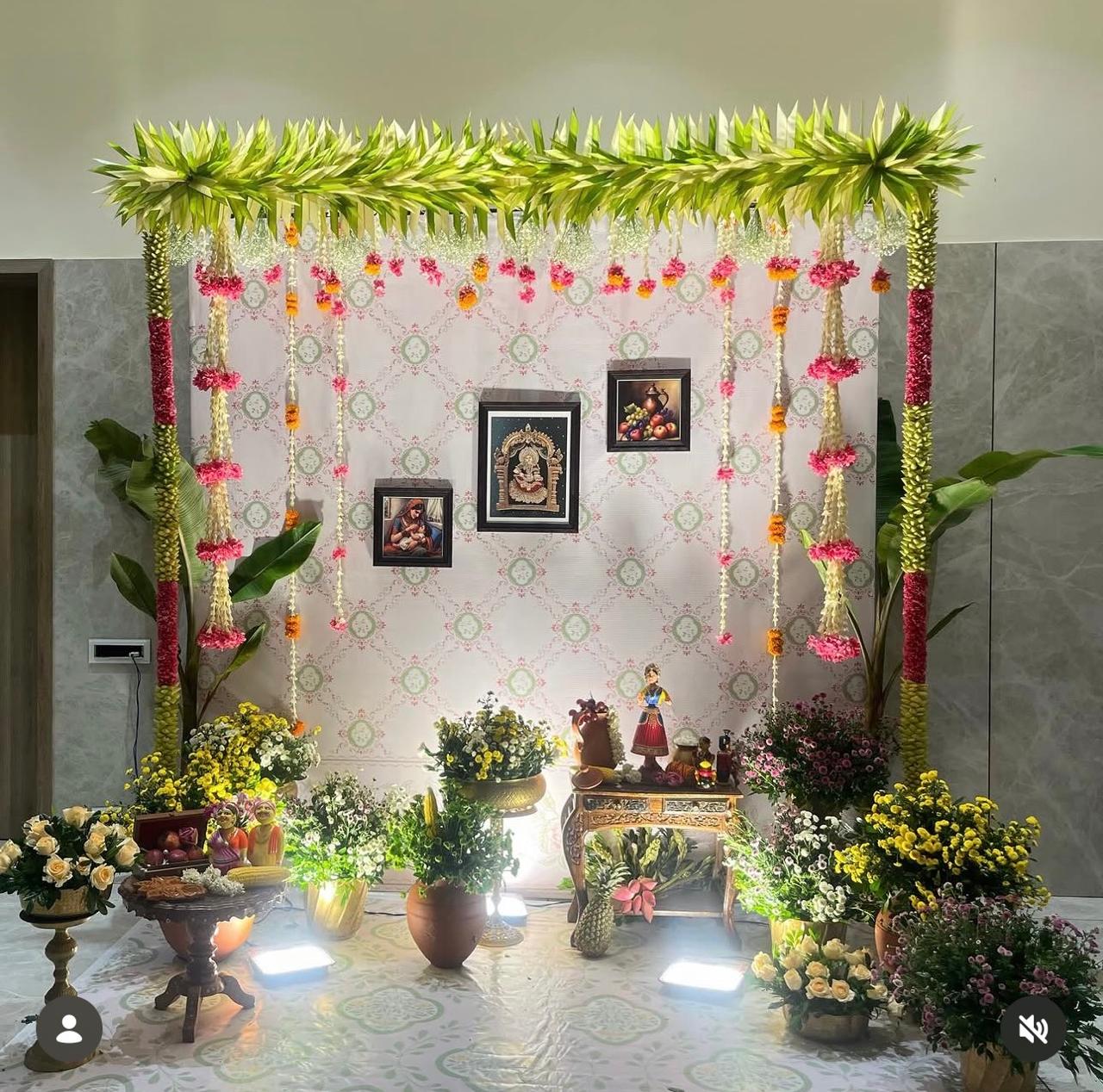 Traditional Banana Leaf Floral Pooja Backdrop